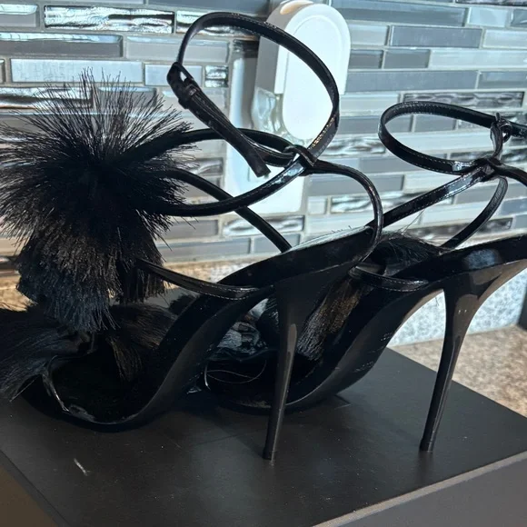 YSL Vernice Chiffon Tassel Embellished Pierre Pon Pon 110 Sandals - Picture 3 of 10